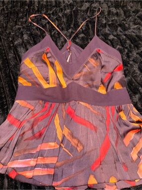 Free People Purple Spaghetti Strap Printed Silk Blouse